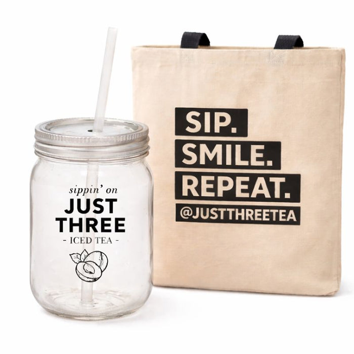 Just Three Tea Mason Jar Tumbler and Canvas Tote Set